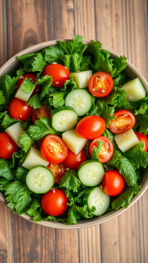 A fresh kale salad with tomatoes and cucumbers on a wooden table.